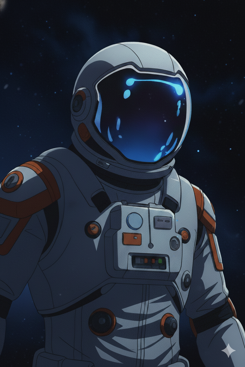 An astronaut looking out into space, with blue light reflected in their visor